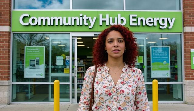 Curly red-haired woman standing outside community hub energy storefront carrying shoulder bag