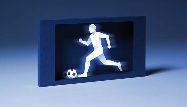 Glowing soccer player silhouette running in blue shadow box with motion blur