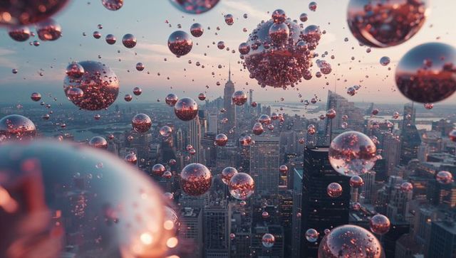 Reflective Spheres Floating Above City Skyline at Dusk