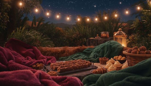 Cozy Outdoor Garden Dessert Buffet with Festive Lanterns at Night