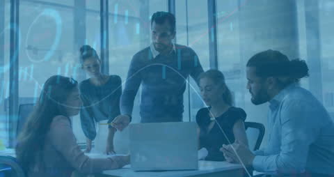 Business Team Discussing Financial Strategy with Data Overlay