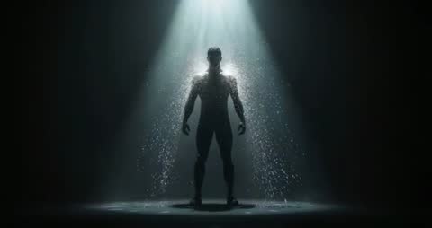 Silhouette in Spotlight with Cascading Particles on Stage