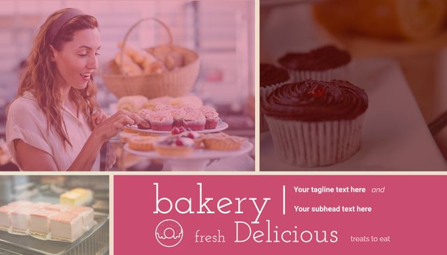 Joyful woman selecting pastries at bakery counter surrounded by freshly baked gourmet treats. Great for promoting cake shops, bakery menus, and blog posts about food, dessert recipes, or bakery reviews.