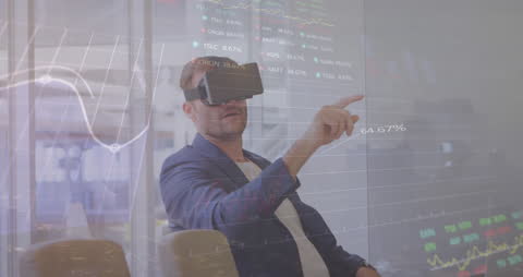Businessman Using VR Headset for Virtual Data Analysis in Modern Office