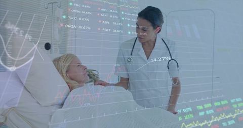 Hospital Nurse Discussing with Patient Over Market Data Overlay