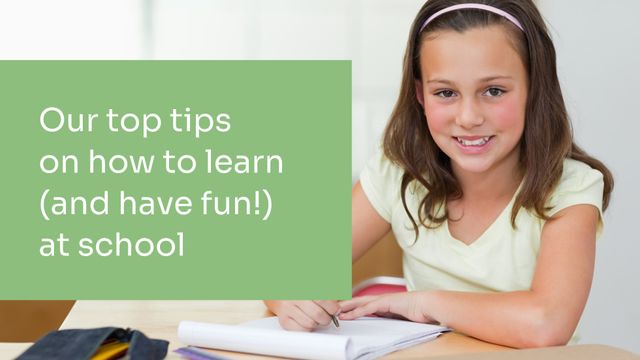 Image showing a smiling schoolgirl at an elementary school desk, writing in a notebook with a text overlay giving learning tips. Perfect for educational websites, back-to-school promotions, informative blog posts about effective learning techniques, and academic newsletters.