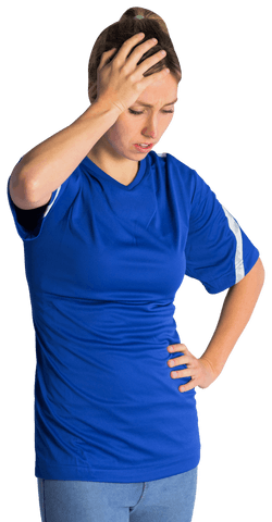 Disappointed female football fan in blue football jersey