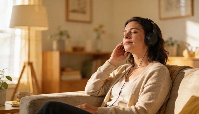 Woman relaxing with wired headphones on beige sofa in sunlit cozy minimalist living room