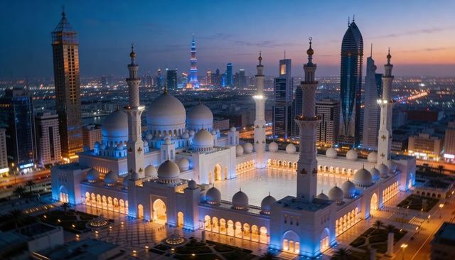 Glowing grand mosque at twilight with illuminated domes, minarets and city skyline