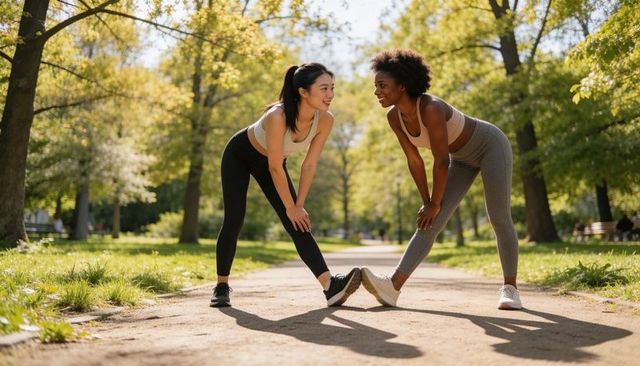 Partner stretching on sunlit park path, forward shoe tap exercise, outdoor fitness duo