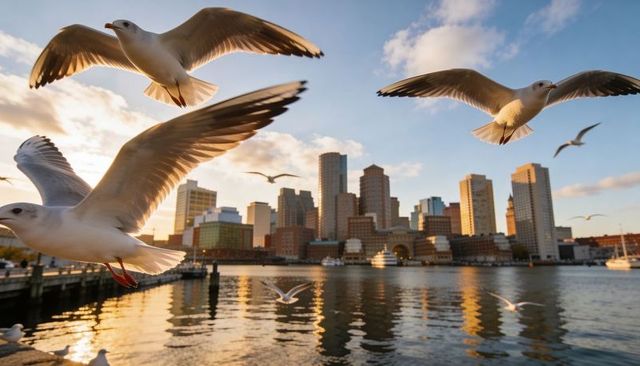 Seagulls soaring over urban harbor at golden hour with city skyline reflections