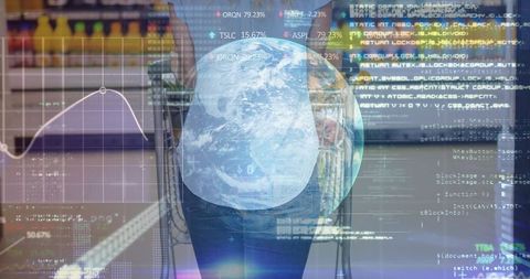 Global retail analytics concept: shopper pushing cart in supermarket with data overlay
