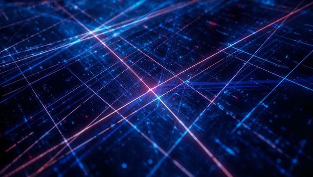 Futuristic neon grid with glowing lines and particles