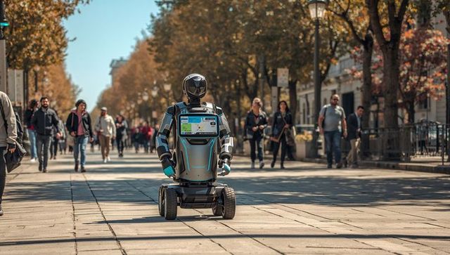 Autonomous humanoid robot rolling through urban promenade displaying touchscreen navigation