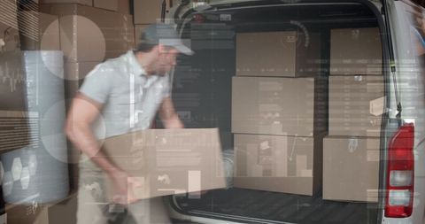 Courier Loading Van with Boxes and Digital Financial Data