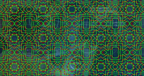 Vibrant Geometric Pattern with Neon Star Motifs on Dark Background