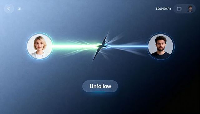 Futuristic social app ui showing split connection between two glowing avatars and unfollow
