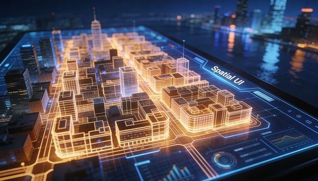 Displaying 3d holographic city model on tablet with spatial ui and data dashboard