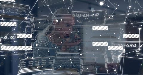 Female analyst using AR data overlay and holographic interface at modern workstation
