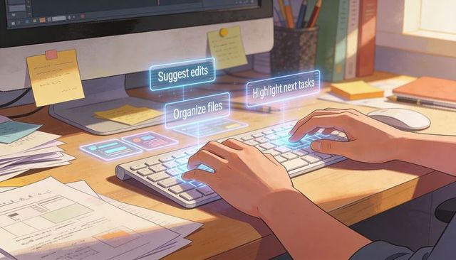 Hands typing on keyboard with holographic ai productivity interface at home desk