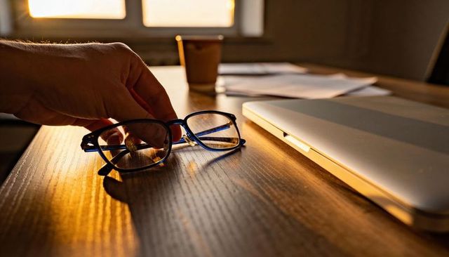 Hand reaching for glasses on sunlit wooden desk with laptop, papers and coffee cup