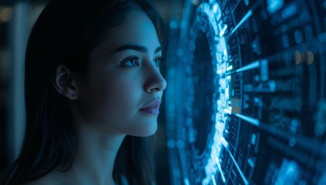 Asian woman interacting with holographic hud in blue cyberpunk research lab