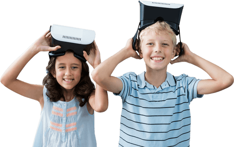 Smiling Siblings Enjoying Virtual Reality with Transparent Background