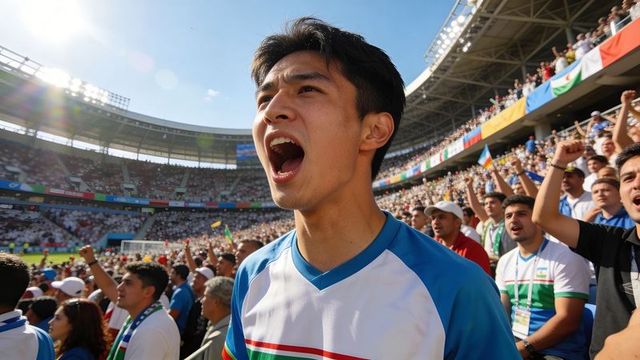 Passionate young fan shouting in stadium during sunny match, cheering crowd, lens flare