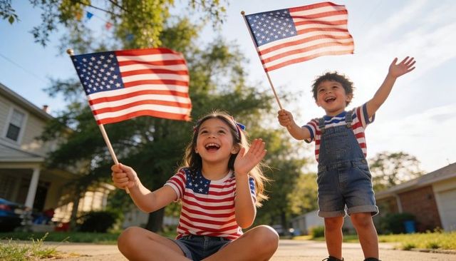 Children waving american flags on driveway celebrating fourth of july in sunny suburb
