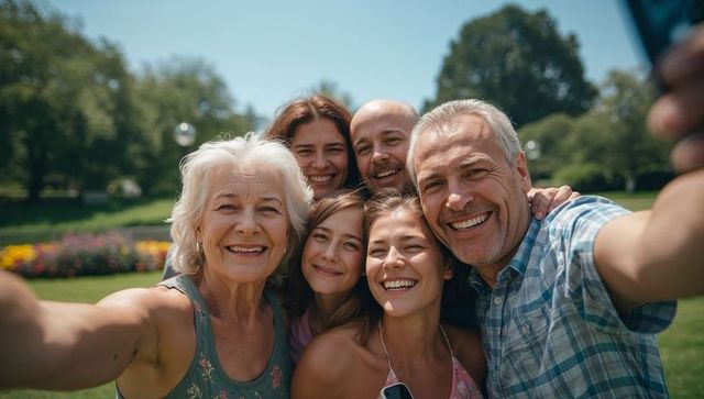 Joyful Multi-Generational Family Selfie in Sunlit Park