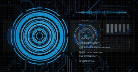 Futuristic Blue HUD Interface Displaying Concentric Radar Rings, Code Overlay and Data Charts