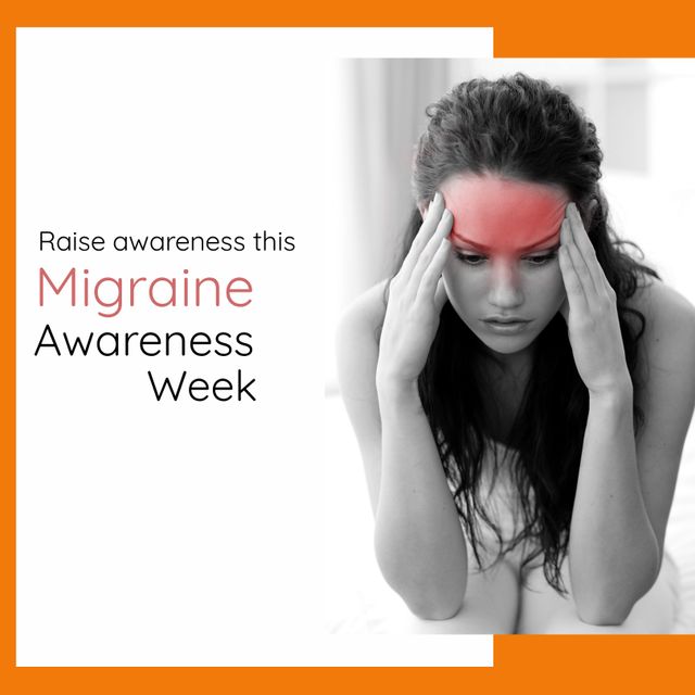 Worried young caucasian woman with headache, raise awareness this migraine awareness week text. Copy space, digital composite, raise awareness, support, migraine awareness week, headache.