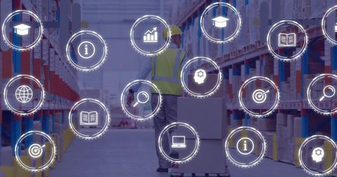 Warehouse Worker with Digital Interface Icons Overlay - Download Free Stock Images Pikwizard.com