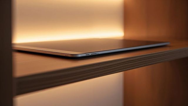 Slim space gray laptop resting on backlit wooden shelf, ultrathin design