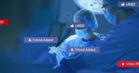 Lead surgeon performing delicate operation with social media overlays and surgical team