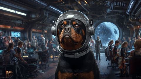 Rottweiler captain wearing space helmet leading futuristic starship bridge crew