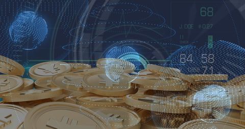 Cryptocurrency coins with futuristic holographic theme