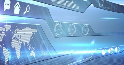 Futuristic digital interface with global data and technology icons