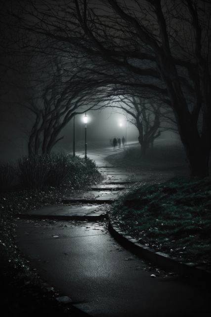 Path in park with street lamps on dark misty rainy night, created using generative ai technology. Park, mist and rain concept digitally generated image.