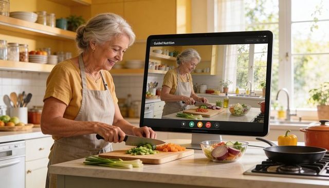 Senior woman chopping fresh vegetables during virtual cooking class in bright kitchen