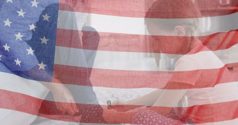 American Family Bonding with Overlaid USA Flag