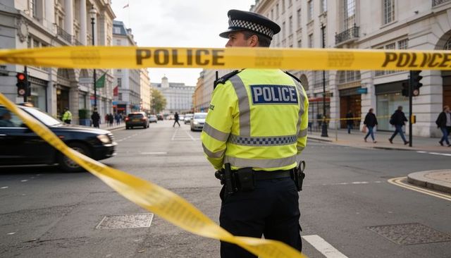 Police officer standing at urban road cordon with yellow police tape and high-visibility jacket