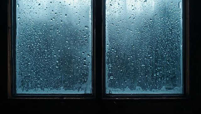 Moody Rain-Soaked Two-Pane Window Framing Droplets and Fogged Glass in Blue Light