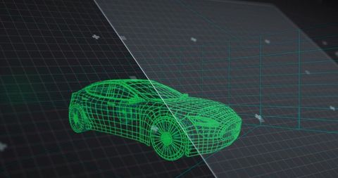 3d green wireframe car model on grid background