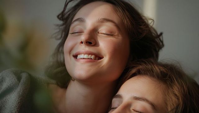Smiling woman leaning on partner in cozy closeup, intimate calm and warm sunlit serenity
