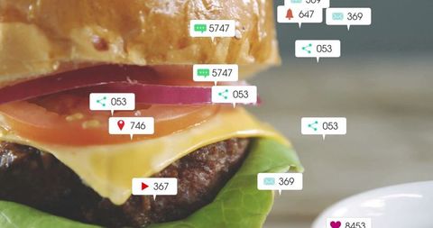 Cheeseburger with social media icons and engagement metrics