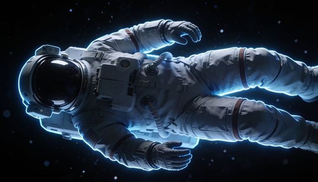 Solitary astronaut floating in deep space with cinematic neon rim light and starfield