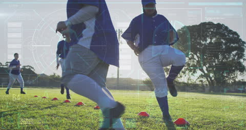 Futuristic Data Interface Overlay on Rugby Training in Sunlit Field