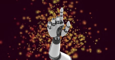 Robotic hand pointing upward amid glowing sparks