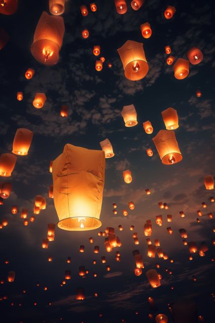 Massive release of glowing paper lanterns illuminating dark night sky creates mesmerizing visual. Great for themes related to celebrations, traditions, and cultural festivals. Can be used for promotional materials, greeting cards, or backgrounds conveying a sense of unity and collective wishes.